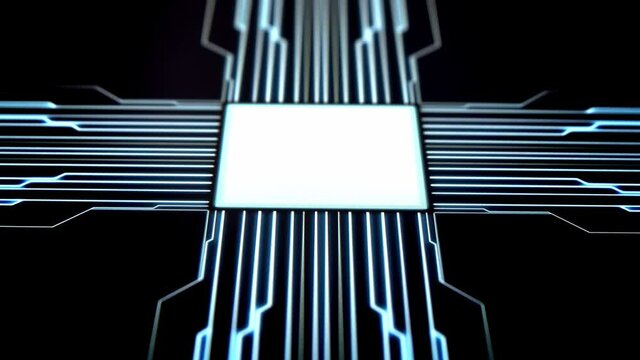 Human finger is pressing a digital button on a touchscreen. Futuristic microprocessor is starting the operation of the computer program. Machine learning and artificial intelligence concept.