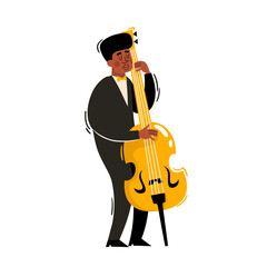African male musician in black costume holding contrabass