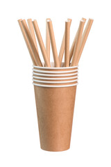 paper disposable eco-friendly cups with disposable eco-friendly tubes on a white insulated background.