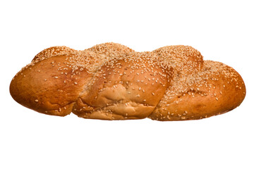 baked bread pigtail with sesame seeds on a white isolated background. side view
