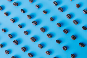 top view of coffee beans laid out in rows on a blue background