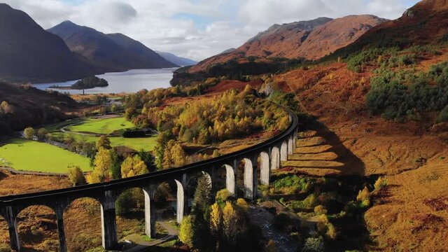 Aerial shot of Glenfinnan Viaduct and lake next to it