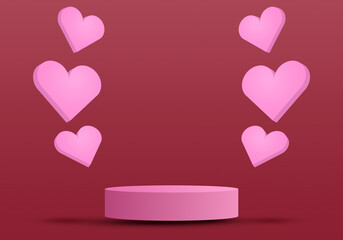 Valentine's day concept, podium for products with hearts. Valentine's Day holiday. Day of Love. Concept for background on brochure, banner, poster. 3D rendering