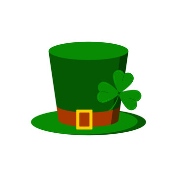 Leprechaun hat with tree leaves clover icon isolated on white background. Traditional Saint Patricks day carnival gnome green cylinder shamrock costume. Flat design cartoon vector illustration. 