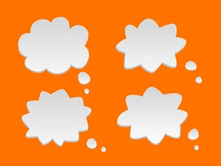 Selbstklebende Fototapeten Speech cartoon clouds vector template. White bubble communication forms with empty banner space an orange surface. Social media and website labels. © IRYNA