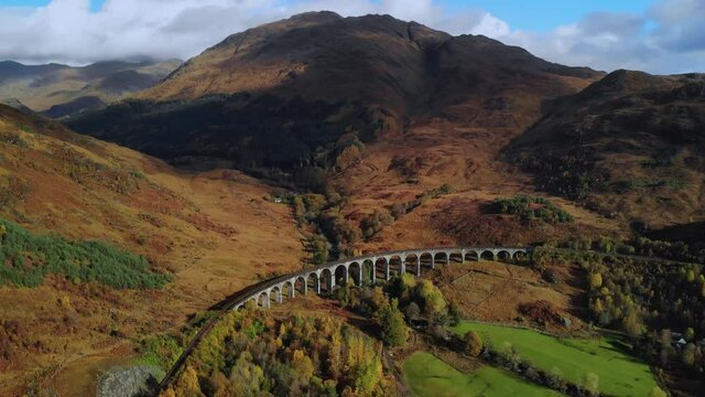 Aerial tilting shot of Glenfinnan Viaduct