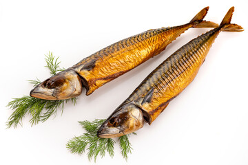 Mackerel. Two hot smoked mackerel fish on white background