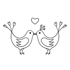Lovebirds kiss. A couple of birds in love. Simple decorative design element. The outline illustration is hand-drawn, isolated on a white background. Black white vector.