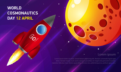 Red rocket with the inscription Go, flies to the moon. Banner for world cosmonautics day, 12 april. Vector, illustration