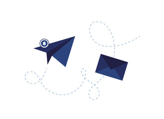 Origami paper airplane with sent message. Letter in an envelope. New email notification. One notice. Blue. Flat design. Eps 10