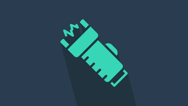 Turquoise Police electric shocker icon isolated on blue background. Shocker for protection. Taser is an electric weapon. 4K Video motion graphic animation.