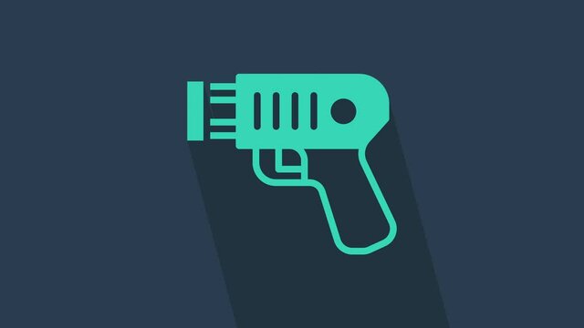 Turquoise Police electric shocker icon isolated on blue background. Shocker for protection. Taser is an electric weapon. 4K Video motion graphic animation.