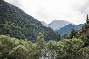 blue lake in the mountains, green trees in the foreground. Mountain landscape in cloudy weather
