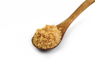 Peanut Butter Powder  in a Wooden Spoon on a White Background. Ground peanuts.