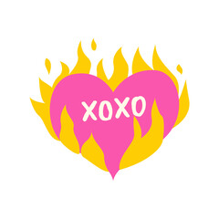 Heart in fire. Xoxo, hugs and kisses. Vector trendy hand drawn illustration. Heart burning in fire. For textile prints, posters, postcards.
