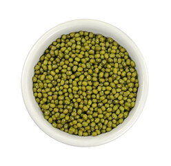 Dry green beans on white background. Organic raw green beans mungo (Vigna radiata) in a bowl nisolated on white background. 