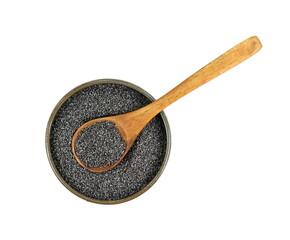 Poppy seeds in a bowl isolated on white background. Heap of dry poppy seeds