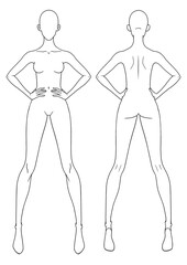Woman fashion template - front and back view - linear drawing