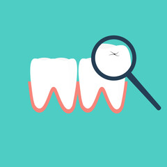 Teeth under a magnifying glass with a detected crack. Vector illustration in flat style