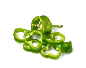 Sliced fresh red paprika isolated on white background.