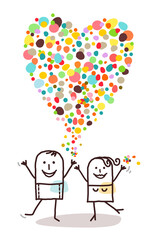 cartoon Man and Woman Trowing up a big Colorful Confetti Heart sign