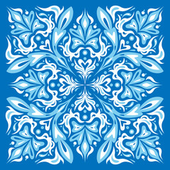 Blue tile. Damask pattern, oriental and portuguese style. Decor. Ceramic art