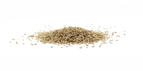 Organic integral sesame seeds isolated on white background.
