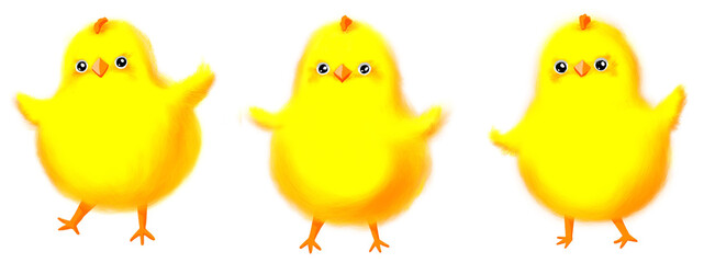 Little cute yellow chicks for Easter isolated on white background. Cartoon illustration