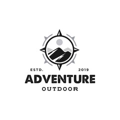 hipster badge adventure outdoor logo with Compass and mountain  design concept. Universal compass logo. Modern vintage retro concept