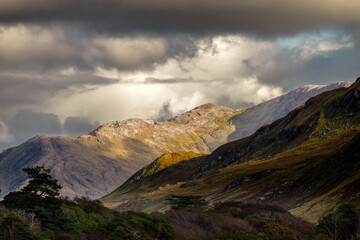 A storm in the sky and the beautiful Connemara Mountains in Galway, Ireland