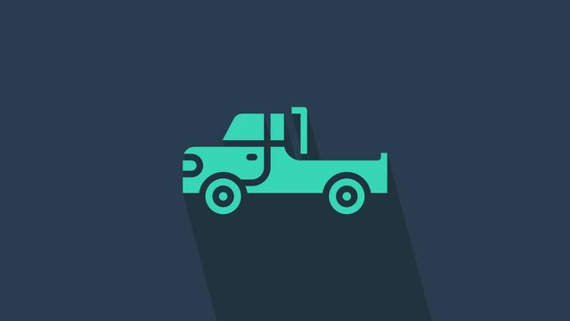 Turquoise Pickup truck icon isolated on blue background. 4K Video motion graphic animation.