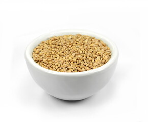 wheat grains in white bowl isolated on white background. 
