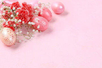 Happy Easter concept, spring greeting card, background. Decorated pink Easter eggs on a gentle background. Minimal holiday concept, place for text, banner for screen
