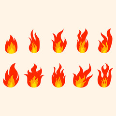 Cartoon flame. Fire fireball, flame vector, red hot campfire, yellow heat wildfire and bonfire, burn power fiery silhouettes isolated vector illustration set.