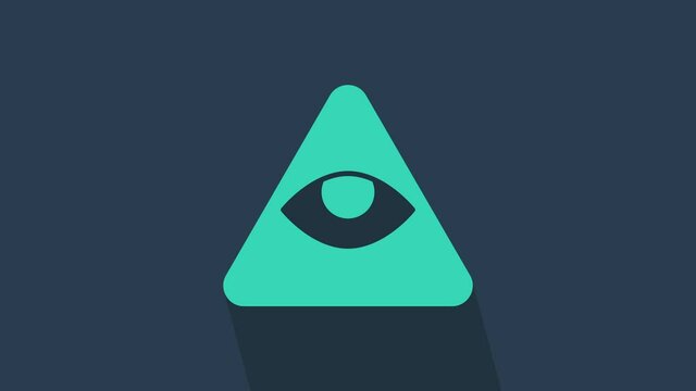 Turquoise Masons symbol All-seeing eye of God icon isolated on blue background. The eye of Providence in the triangle. 4K Video motion graphic animation.