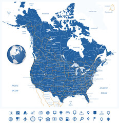 USA and Canada road map and navigation icons