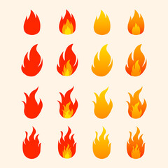 Cartoon flame, fire flame, fire fireball, red hot campfire, burn power fiery silhouettes isolated vector illustration set, fireball power light, flame vector.