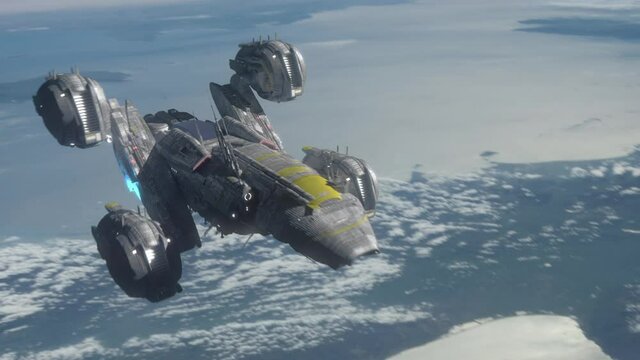 The Spaceship flying over a Planet. Production Quality Footage in ProRes 4444 codec, 30 FPS.