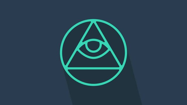 Turquoise Masons symbol All-seeing eye of God icon isolated on blue background. The eye of Providence in the triangle. 4K Video motion graphic animation.