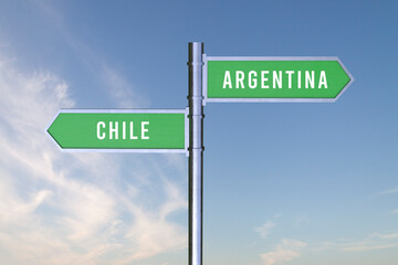 Sign indicating the direction of the borders between two countries  ARGENTINA,CHILE,  3d render.
