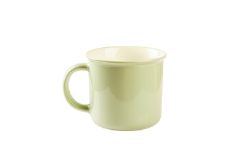 Light green enamel mug isolated on white background.

