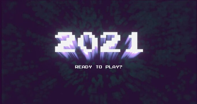 New 2021 appear written as a next level in a videogame. 2021 ready to play? text over 8bit background with sparkly spheres raisinig. 2021 new year celebration as challenge against pandemic disease.