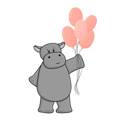 Obraz na płótnie Canvas Gray cartoon hippo with pink gas balloons for some holiday isolated on white background