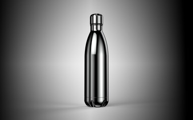Silver Empty Glossy Metal Reusable Water Bottle with Silver Bung Set Closeup Isolated on White Background Packaging Mockup