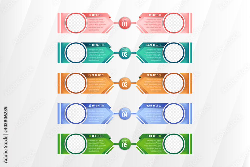 Poster vertical layout progress bar with 5 overlapped arrow-like elements. concept of five steps of busines