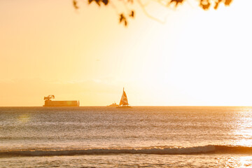 Sunset at Ala Moana beach park, Oahu, Hawaii