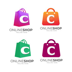 set of C letter gradation logo design templates and shopping bags, logo designs for online shop