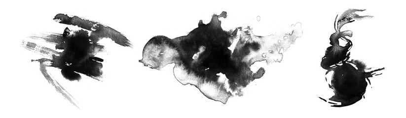 Collection abstract of ink stroke and ink splash for grunge design elements. Black paint stroke and splash texture on white paper. Hand drawn illustration brush for dirty texture. © freeject.net
