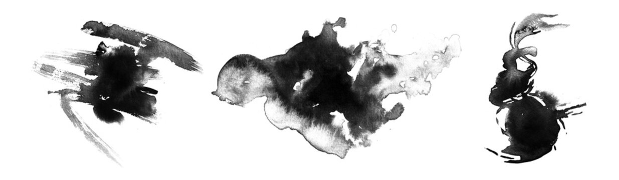 Collection abstract of ink stroke and ink splash for grunge design elements. Black paint stroke and splash texture on white paper. Hand drawn illustration brush for dirty texture.