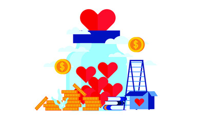 donation jar with big heart flat illustration design
